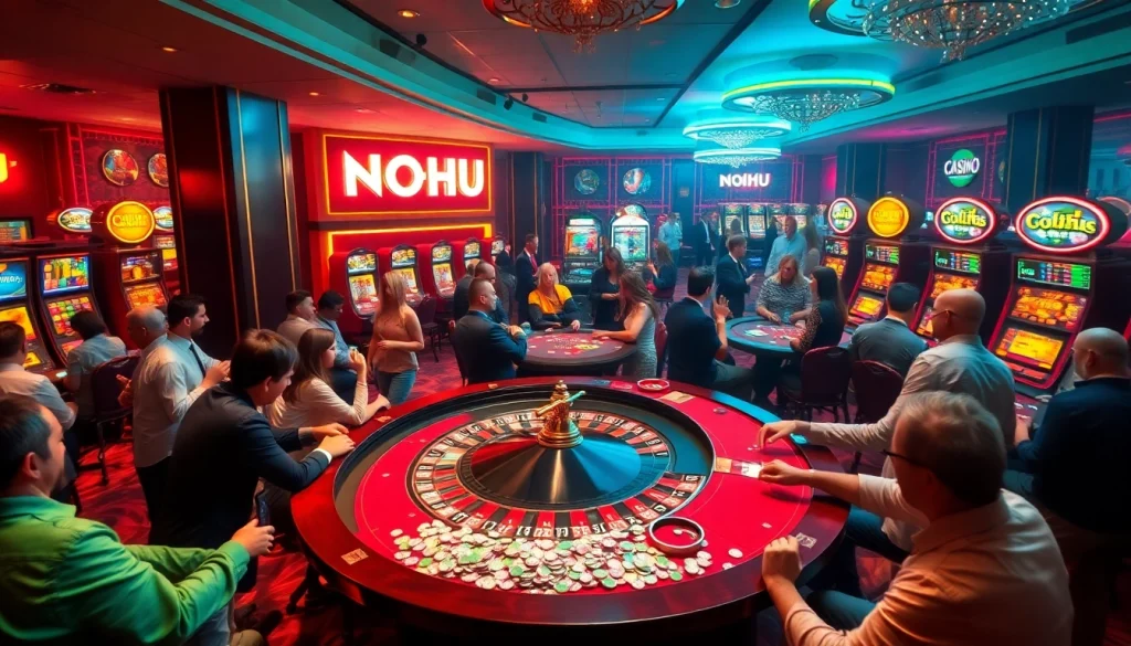 NOHU casino scene filled with players celebrating wins at roulette and poker tables, vibrant ambiance and neon colors.