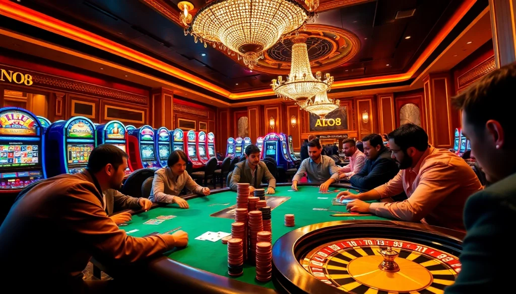 Experience ALO8 excitement with players at the poker table surrounded by vibrant slot machines and roulette wheels.