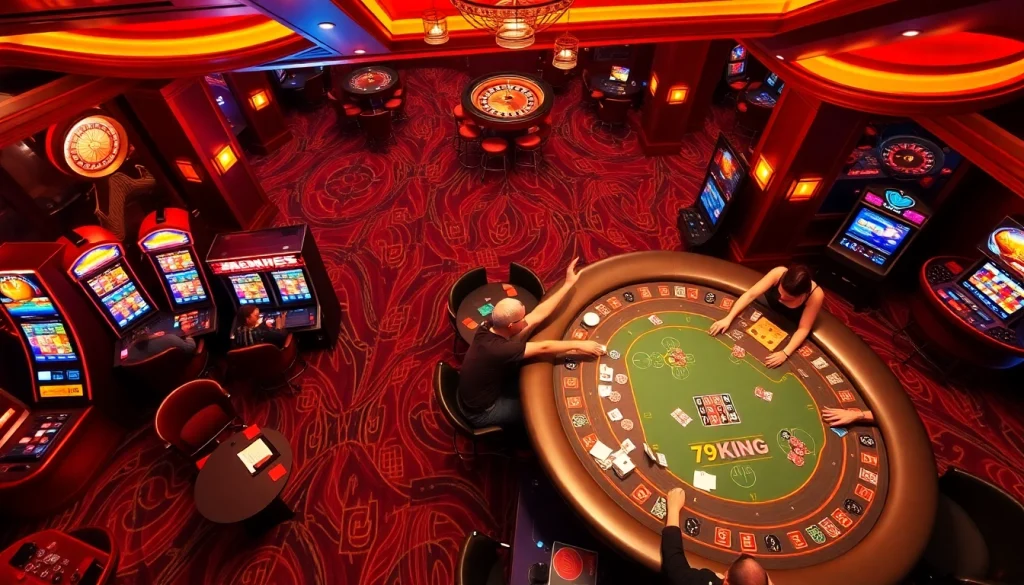 79KING casino scene showcasing players winning at games like blackjack and roulette in a lively atmosphere.
