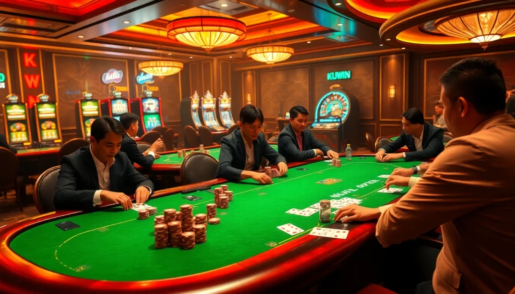 Experience the KUWIN excitement of poker as players strategize their next moves at a lavish casino table.