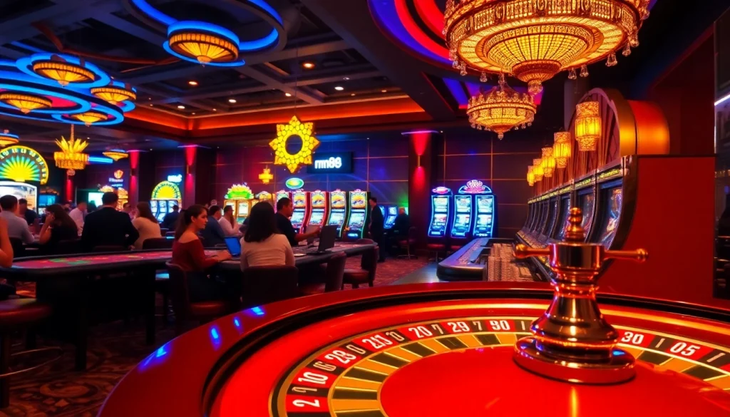 mm88 casino experience with players engaged at poker tables and roulette wheels, highlighting winning moments and colorful atmosphere.